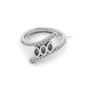 S925 Sterling Silver Three Marquise Blank Bezel Ring 2x4mm with CZ Setted Ring Settings for Resin, Ashes Breastmilk Keepsake DIY Crafts