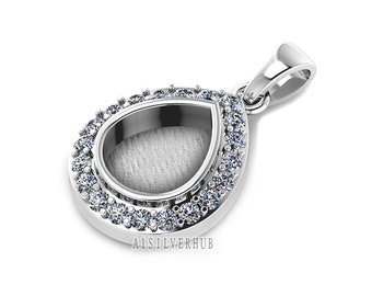 Pear Shape 8x10mm Blank Bezel Pendant Surrounded with CZ, 925 Sterling Silver Pendant, Good for Resin & Ashes Work, Keepsake Jewellery Craft