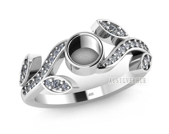 925 Sterling Solid Silver 5mm Round Blank Bezel with Leaf Band CZ Setted Ring, Good for Resin & Ashes Work, Keepsake DIY, Memorial Jewelry