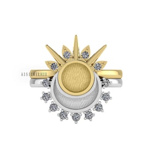 925 Sterling Silver Celestial Pandora Sun/Moon Blank Bezel Ring Set with CZ Setted, Good for Resin & Ashes Work, Keepsake Breastmilk DIY
