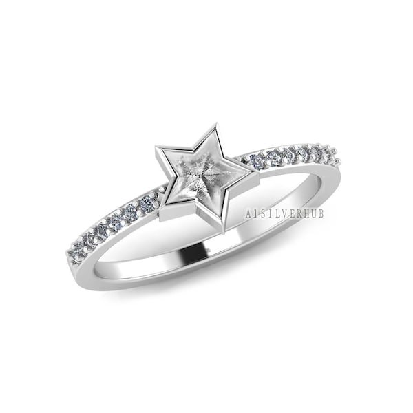 925 Sterling Solid Silver 6mm Star Blank Bezel with CZ Setted Band Ring, Good for Resin & Ashes Work, Keepsake/Breastmilk DIY, Jewelry Craft