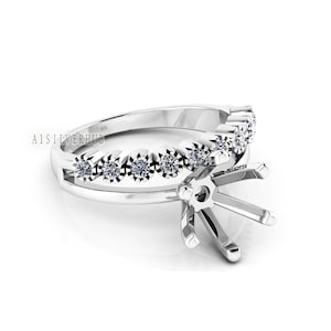 925 Sterling Solid Silver Round 6mm Pre Notched Blank V Prong Ring With Half Eternity CZ Setted Ring, Good for Zircon & Stone Setting, DIY