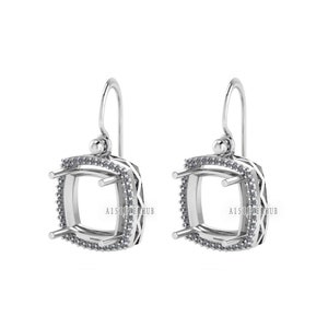 Solitaire Cushion Blank Pre Notched Dangle Earrings with Zircon Setted, 925 Sterling Silver Semi Mounting, Good for Gemstone, Memorial Gifts