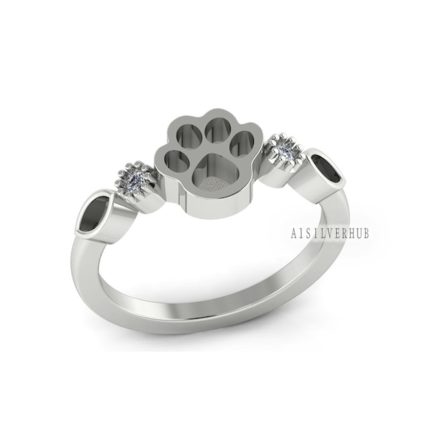 925 Sterling Solid Silver 8mm Dog Paw & Marquise Blank Bezel with CZ Setted Ring, Good for Resin Ashes Work, Keepsake/Breastmilk, DIY Crafts