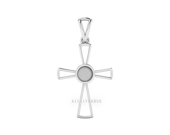 925 Sterling Solid Silver Cross Design Round Blank Bezel Pendant Setting, Good for Resin & Ashes Work, Keepsake/Breastmilk Memorial Jewelry