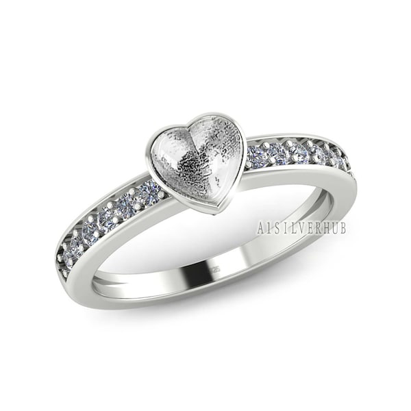 925 Sterling Solid Silver 6mm Heart Blank Bezel with CZ Setted on Band Ring, Good for Resin & Ashes Breastmilk DIY Work, Keepsake Jewellery