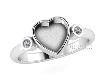 925 Sterling Solid Silver Heart 8x8mm Blank Bezel with CZ Setted Ring, Good for Resin & Ashes Work, Keepsake/Breastmilk DIY, Jewelry Crafts