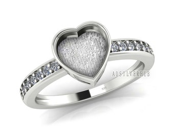 925 Sterling Solid Silver 8mm Heart Blank Bezel with CZ Setted on Band Ring , Good for Resin & Ashes Breastmilk DIY Work, Keepsake Jewellery