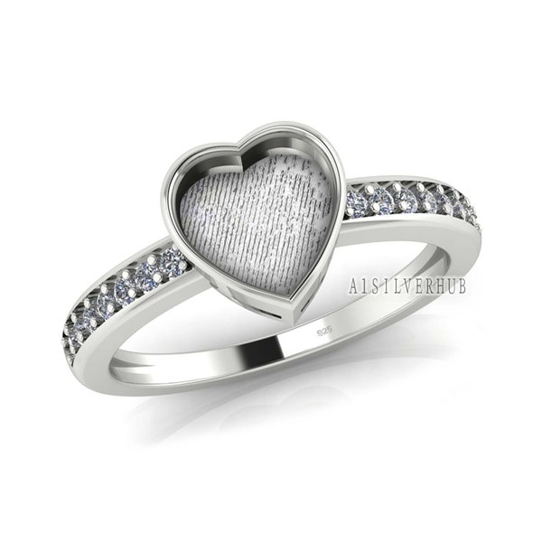 925 Sterling Solid Silver 8mm Heart Blank Bezel with CZ Setted on Band Ring , Good for Resin & Ashes Breastmilk DIY Work, Keepsake Jewellery