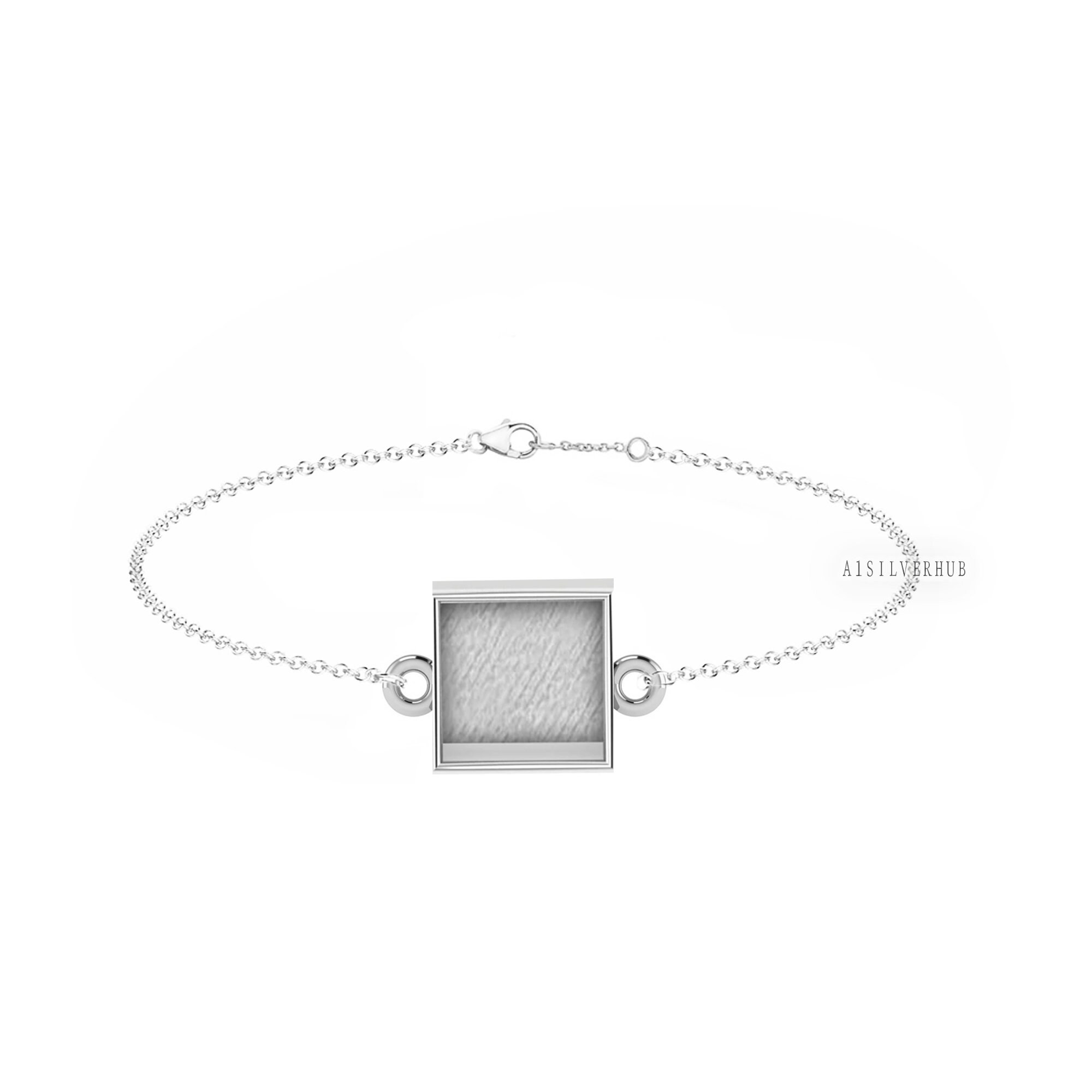 925 Sterling Silver 10x8mm Rectangle Blank Bezel Cable Chain