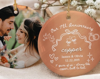 Personalized 7th Anniversary Printed Ceramic Ornament, 7th Anniversary Gift, Copper Wedding, Custom Anniversary Gift, Gift for Husband Wife