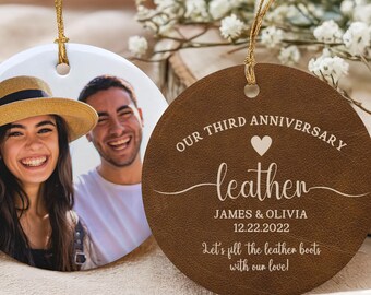 Personalized 3rd Anniversary Printed Ceramic Ornament, Third Anniversary Gift, Leather Wedding Anniversary,Anniversary Gift for Husband Wife