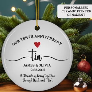 Personalized 10th Anniversary Printed Ceramic Ornament, Tenth Anniversary Gift, Aluminium Wedding Anniversary Gift for Husband Wife