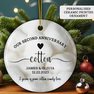 Personalized 2nd Anniversary Printed Ceramic Ornament, Second Anniversary Gift,Cotton Wedding Anniversary, Anniversary Gift for Husband Wife