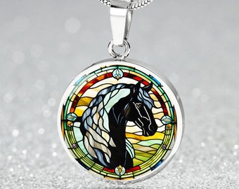 Black Stallion Pendant Necklace Horse Chinese Zodiac Animal Pendant Stained Glass Pony Art Jewelry Horse Lover Gift Dream Spirit Animal
