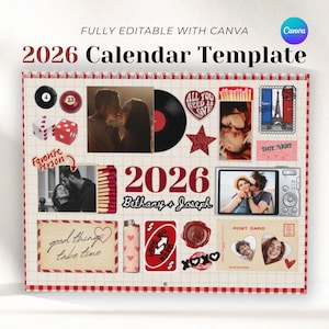 May include: A 2026 calendar template with a grid background, featuring photos, a vinyl record, dice, and the text "2026 Calendar Template." The calendar includes the names "Bethany + Joseph" and the Canva logo.