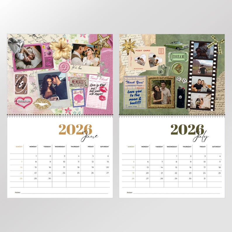 May include: A 2026 calendar featuring collage-style artwork with photographs, postcards, and decorative elements. The June and July months are displayed, with a white spiral binding. The calendar includes the text "MEMORIES", "Thank You!", and "Love you to the moon & back!!!".