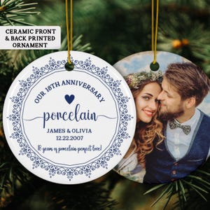 Personalized 18th Anniversary Printed Ceramic Ornament, Custom 18th Anniversary Gift, Porcelain Wedding Anniversary Gift for Husband Wife