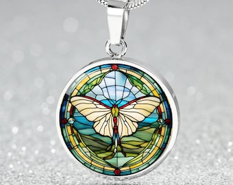 Stained Glass Luna Moth Pendant Necklace, Butterfly Celestial pendant, Lunar Cycle, Cottagecore insect jewelry, Mystic Moon and Moth Pendant