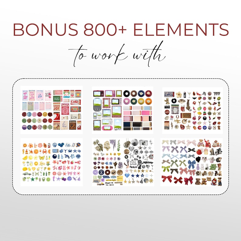 May include: An image showcasing a collection of over 800 design elements. The image features various graphics, including frames, stickers, and decorative items. Text at the top reads "BONUS 800+ ELEMENTS to work with."