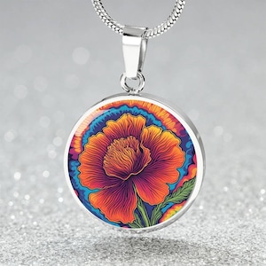 Birthflower Carnation Necklace, January Birth Flower Necklace, Flower Design Circle Pendant Mothers Day Necklace & Valentines Gifts For Her