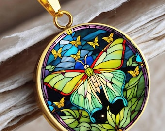 Stained Glass Luna Moth Pendant Necklace, Butterfly Celestial pendant, Lunar Cycle, Cottagecore insect jewelry, Mystic Moon and Moth Pendant