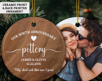 Personalized 9th Anniversary Printed Ceramic Ornament, Ninth Anniversary Gift, Pottery Wedding, Custom Anniversary Gift for Husband Wife