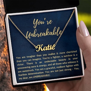Personalized Custom Name Pendant Necklace, Motivational Inspirational Jewelry Gift, You're Unbreakable Strength and Resilience Gifts for Her