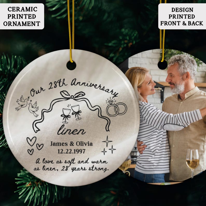 Personalized linen-inspired 28th wedding anniversary ornament with names and photograph