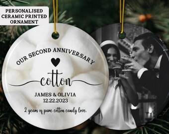 Ornement personnalisé en céramique imprimé pour le 2e anniversaire, cadeau du deuxième anniversaire, anniversaire de mariage en coton, cadeau d'anniversaire pour mari et femme