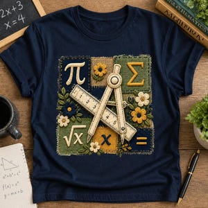 以下が含まれることがあります： ネイビーブルーのTシャツで、中央に刺繍された正方形のパッチが特徴です。パッチには円周率、シグマ、平方根、等号などの数学記号に加え、コンパス、定規、そして小さな花の装飾が刺繍されています。