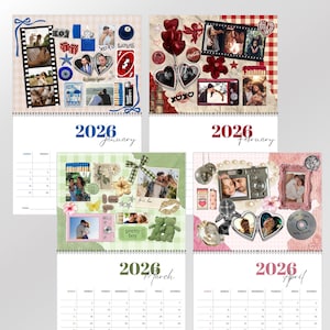 May include: A spiral-bound 2026 calendar featuring four months: January, February, March, and April. Each month has a unique collage design with photos, stickers, and decorative elements. The calendar includes dates and days of the week.