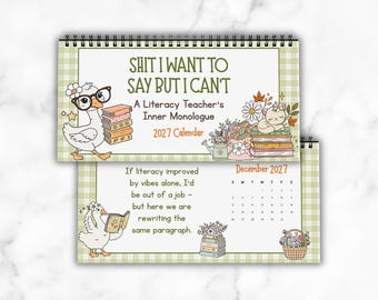 May include: A 2027 wall calendar with a light green plaid border. The cover features a goose wearing glasses, a stack of books, and a cat sleeping on books. The interior page shows December 2027, a goose reading a book, and text about literacy.