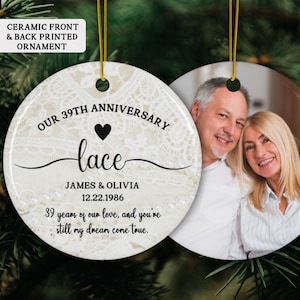 パーソナライズされた39周年記念プリントセラミックオーナメント、39周年記念ギフト、夫と妻への結婚記念日ギフト、結婚39年目