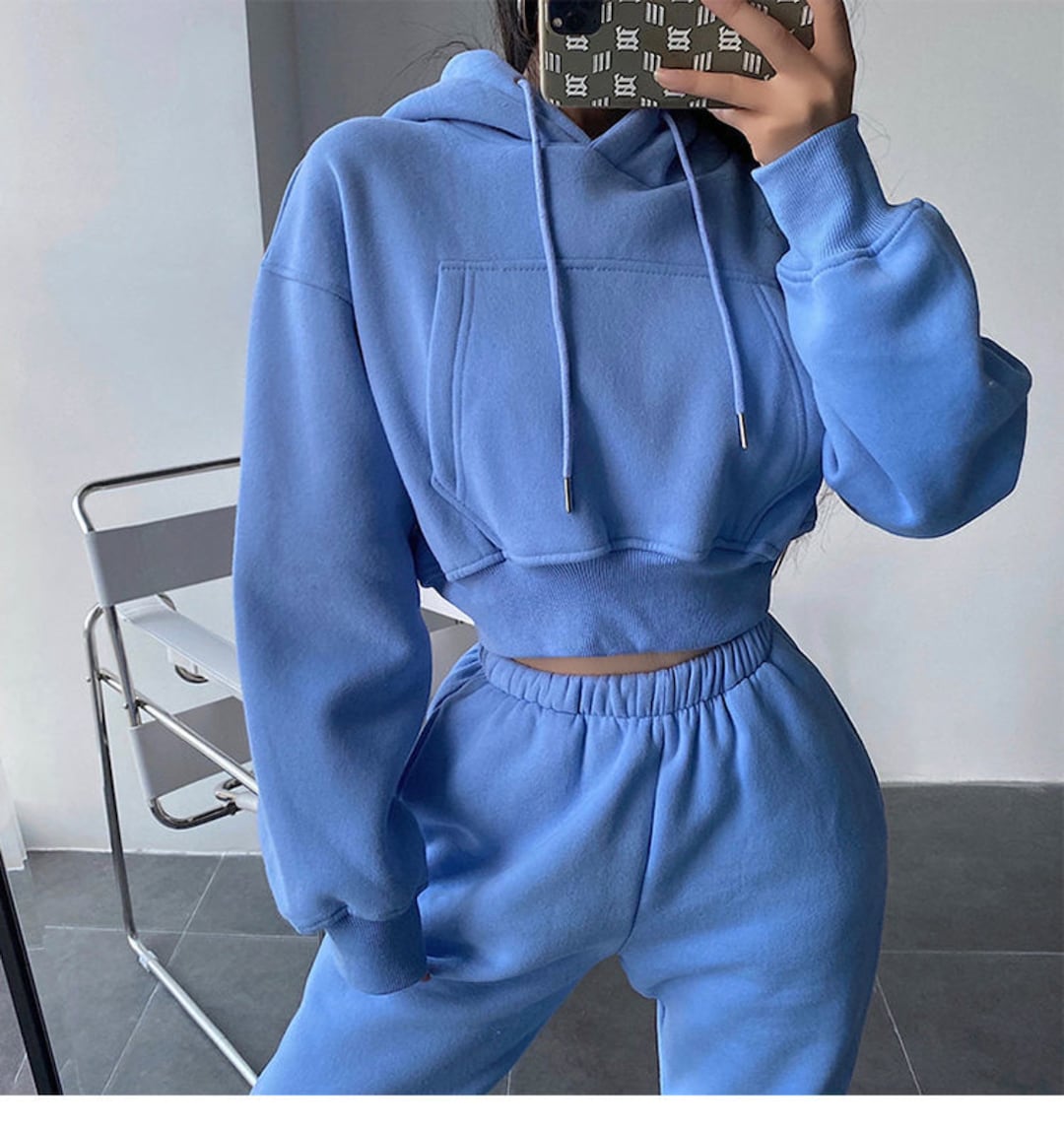 Two Pieces Oversized Solid Casual Blue Hoody Pullovers Long Pant Sets ...