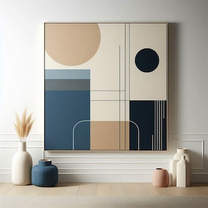Navy Blue Beige Geometric Painting On Canvas, Minimalist Painting Wall Art Vertical Abstract Painting, Extra Large Oversized Wall Art Decor