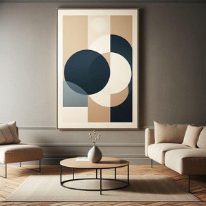 Navy Blue Beige Geometric Painting On Canvas, Minimalist Painting Wall Art Vertical Abstract Painting, Extra Large Oversized Wall Art Decor