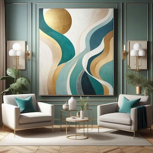 Teal Gold Beige Abstract Original Painting on Canvas, Turquoise Ribbon Painting, Livingroom Extra Large Huge Oversize Framed Wall Art Decor