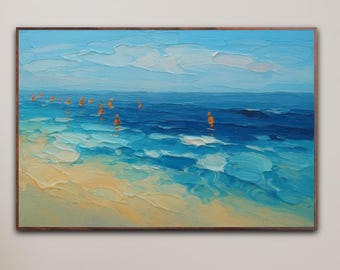 大きな海のキャンバス絵画：抽象的なビーチシーンアート - Etsy 日本