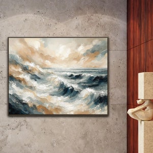 Ocean Waves Abstract Painting on Canvas 3D Textured Wall Art Heavy Textured Sea Wave Painting Beige Abstract Painting Wabi-Sabi Wall Art