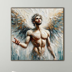 Engel mannen Impasto origineel olieverfschilderij engelenvleugels getextureerde muurkunst mannenlichamen artwork Gay kunst cadeaus voor hem