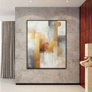 Grande peinture abstraite sur toile à la feuille d'or, peinture acrylique, art moderne marron, peinture dorée, grande peinture d'art mural