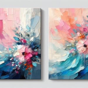 Set of 2 Pieces Painting on Canvas Colorful Abstract Painting Pink and Blue Painting 2 Piece Wall Art Bright Wall Art Modern Abstract Art