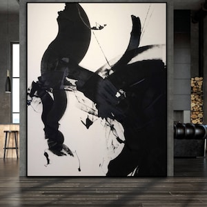 Peinture texturée noir et blanc, peinture abstraite minimaliste, décoration murale de salon, art abstrait noir, oeuvre d'art sur toile blanche, grande oeuvre d'art murale