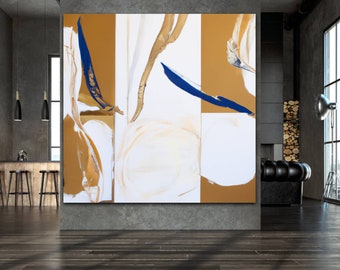 Large Abstract Painting Original Blue Beige painting Abstract art Minimalist Abstract painting Gold painting Large wall canvas painting