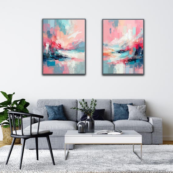 キャンバスに描かれたカラフルな抽象画 ピンクとブルーの絵画 2点