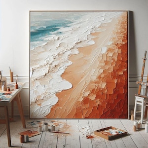 Ocean Waves Abstract Painting on Canvas 3D Textured Wall Art Heavy Textured Sea Wave Painting Beige Abstract Painting Wabi-Sabi Wall Art