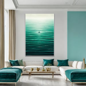 Swimming in the sea green ocean painting vintage retro painting green minimalist painting teal landscape painting holiday style wall art