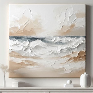Ocean Waves Abstract Painting on Canvas 3D Textured Wall Art Heavy Textured Sea Wave Painting Beige Abstract Painting Wabi-Sabi Wall Art