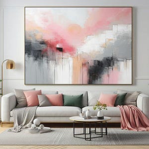 large abstract canvas painting pink grey acrylic painting gold textured painting extra large living room wall art home decor
